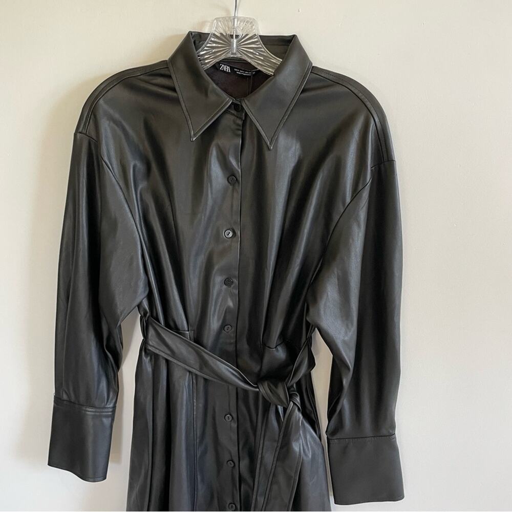 NWT Zara Black Faux Leather Shirt Dress - Picture 6 of 11